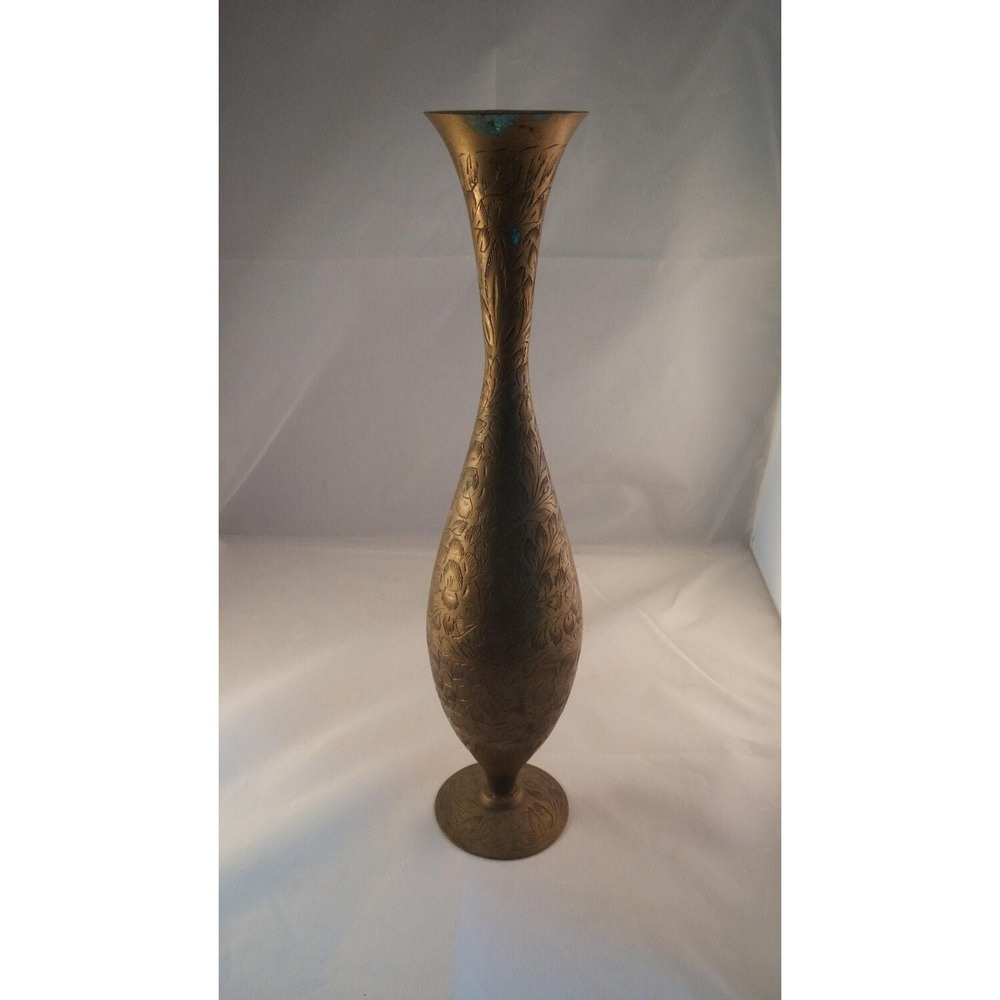Vintage etched brass curvilinear vase, engraved